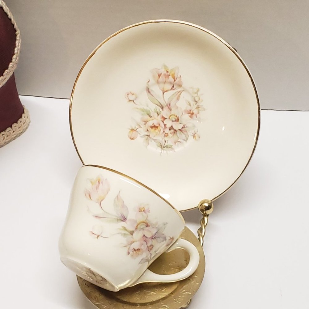 Antique Pink Flower Demitasse Cup & Saucer marked Eastern China 22K Gold
